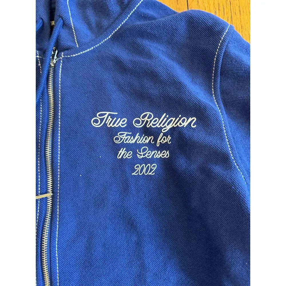 True Religion Hoodie Mens Large Blue Reverse Terry Zip Up Sweatshirt NWT